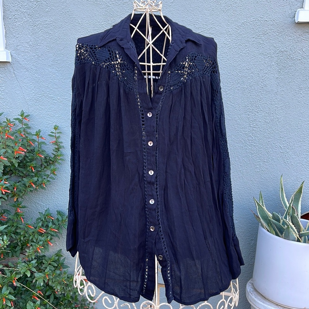 Free People ~ Black Button Up Blouse with Crochet